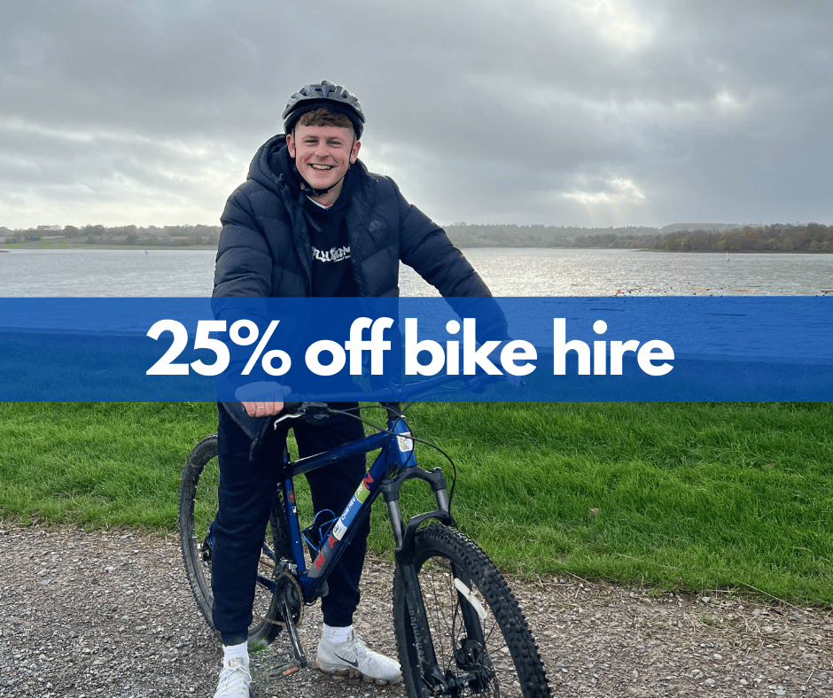 25% off Bike hire banner on top of image of man on bicycle