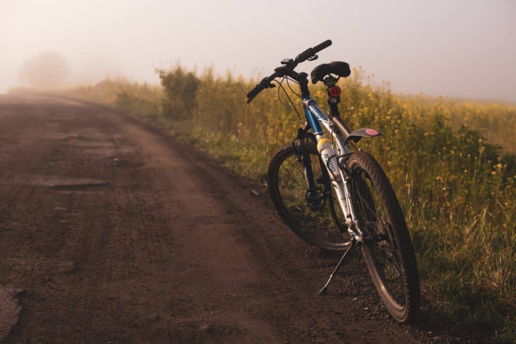 bike resting on its stand next to a field