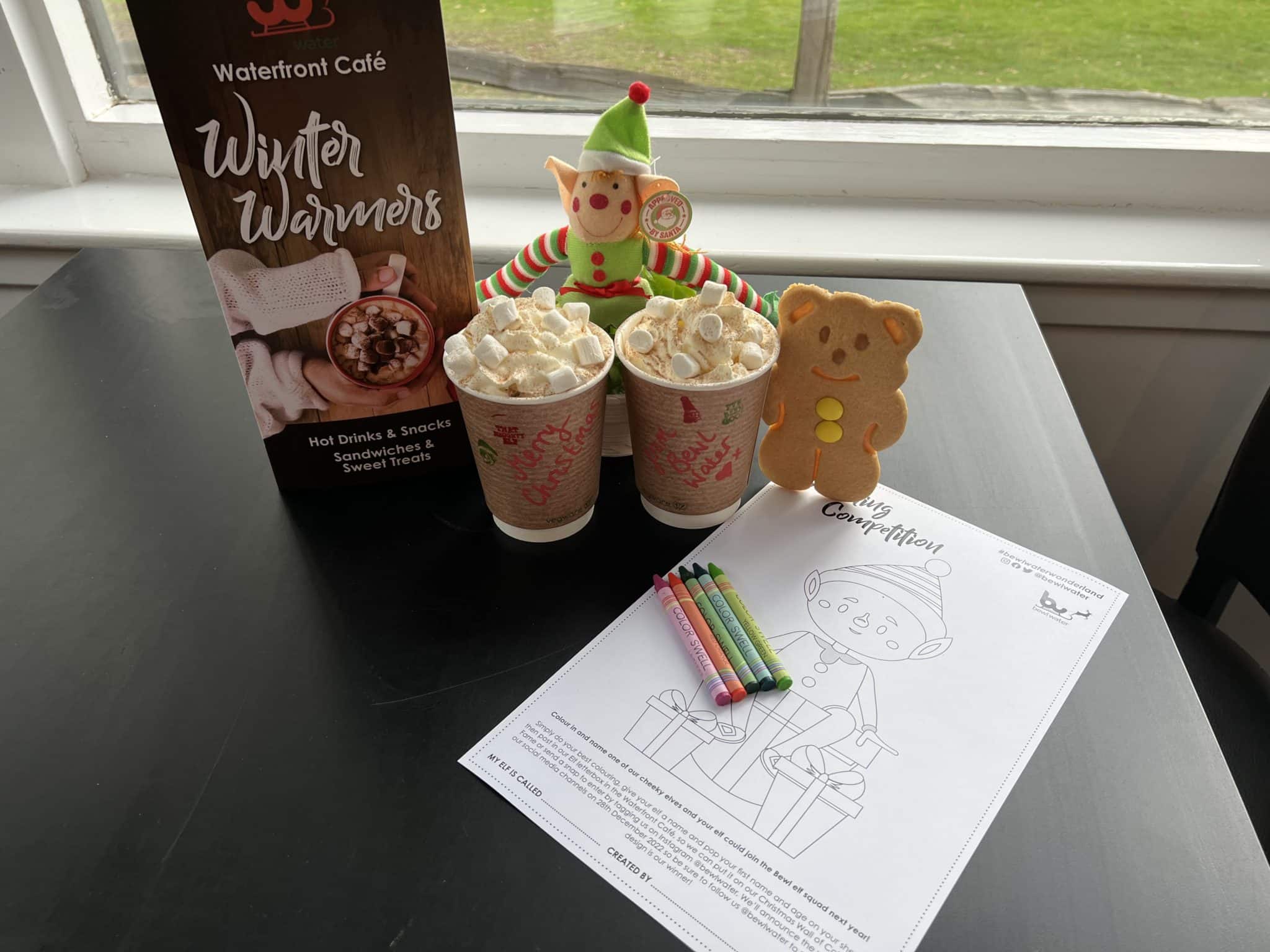 Marshmallow hot drinks, crayons and paper for the kids drawing competition