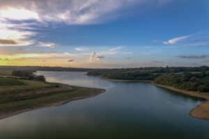 Birds eye view of the Bewl Water reservoir in Kent which offers lakeside views to campers staying on the campsite