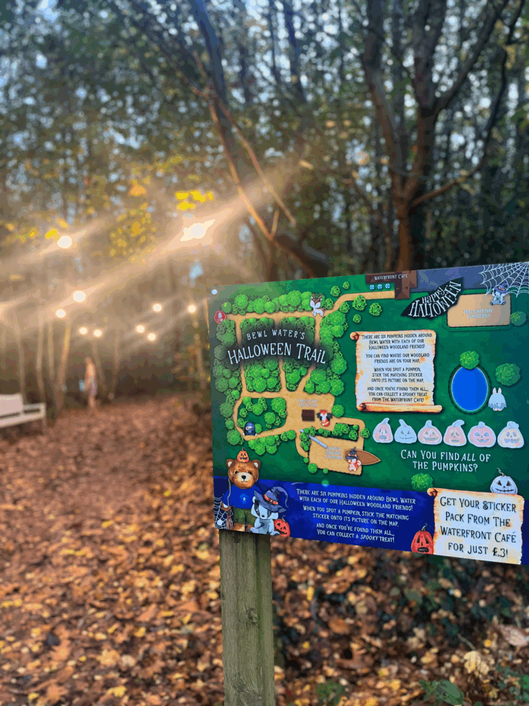 Bewl Water Halloween Trail sign surrounded by autumn leaves and woodland lights in Tunbridge Wells. A fun family activity where children follow the trail to find hidden pumpkins this October half term.